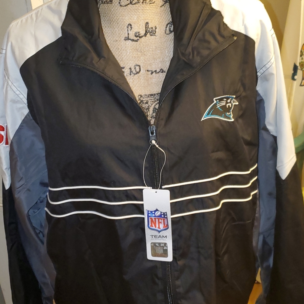NFL Carolina Panthers SI Black Windbreaker Jacket Size Large Zipper Pock…